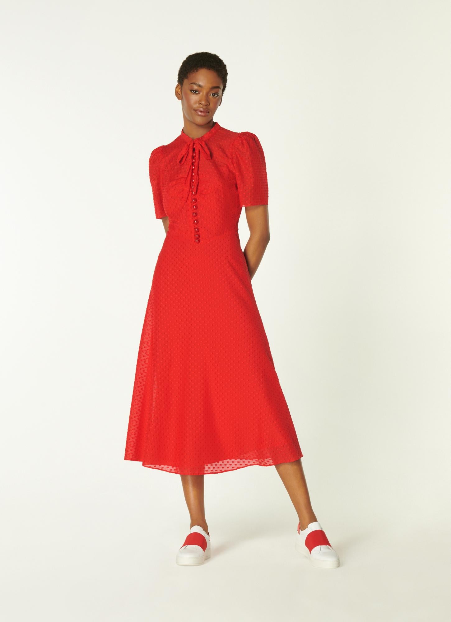 LK Bennett | Sina Red Silk-Cotton Midi ...